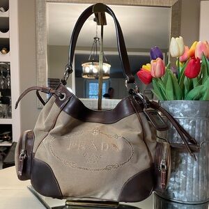 Prada Brown Leather and Tan Jacquard Shoulder Bag